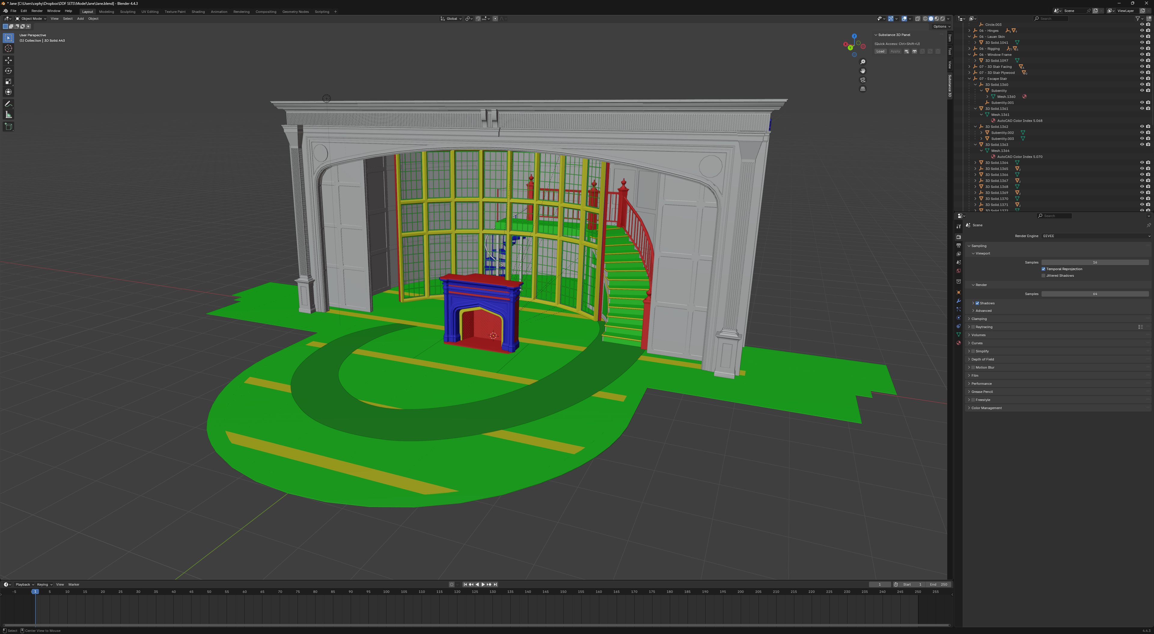 Computer rendering of a theater set with green pathways, created in a 3D modeling program.
