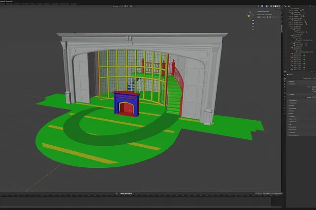 Computer rendering of a theater set with green pathways, created in a 3D modeling program.