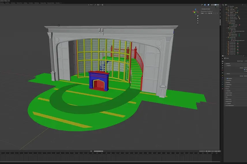 Computer rendering of a theater set with green pathways, created in a 3D modeling program.