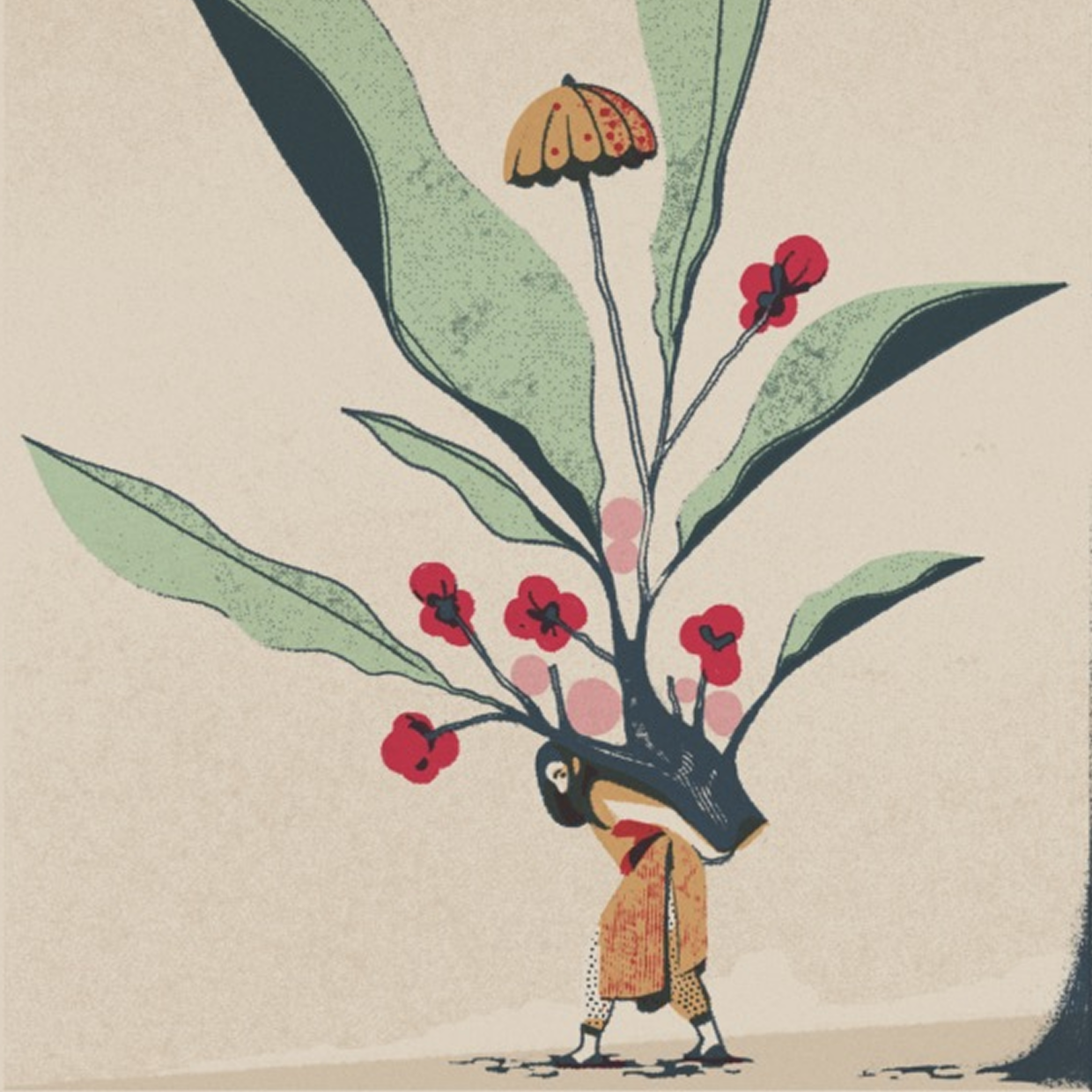 Illustration of a person carrying large flowering branches.