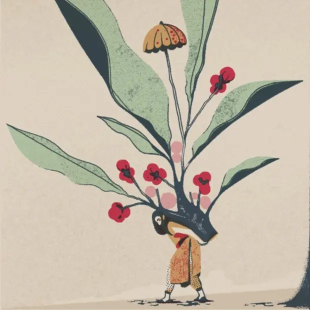 Illustration of a person carrying large flowering branches.