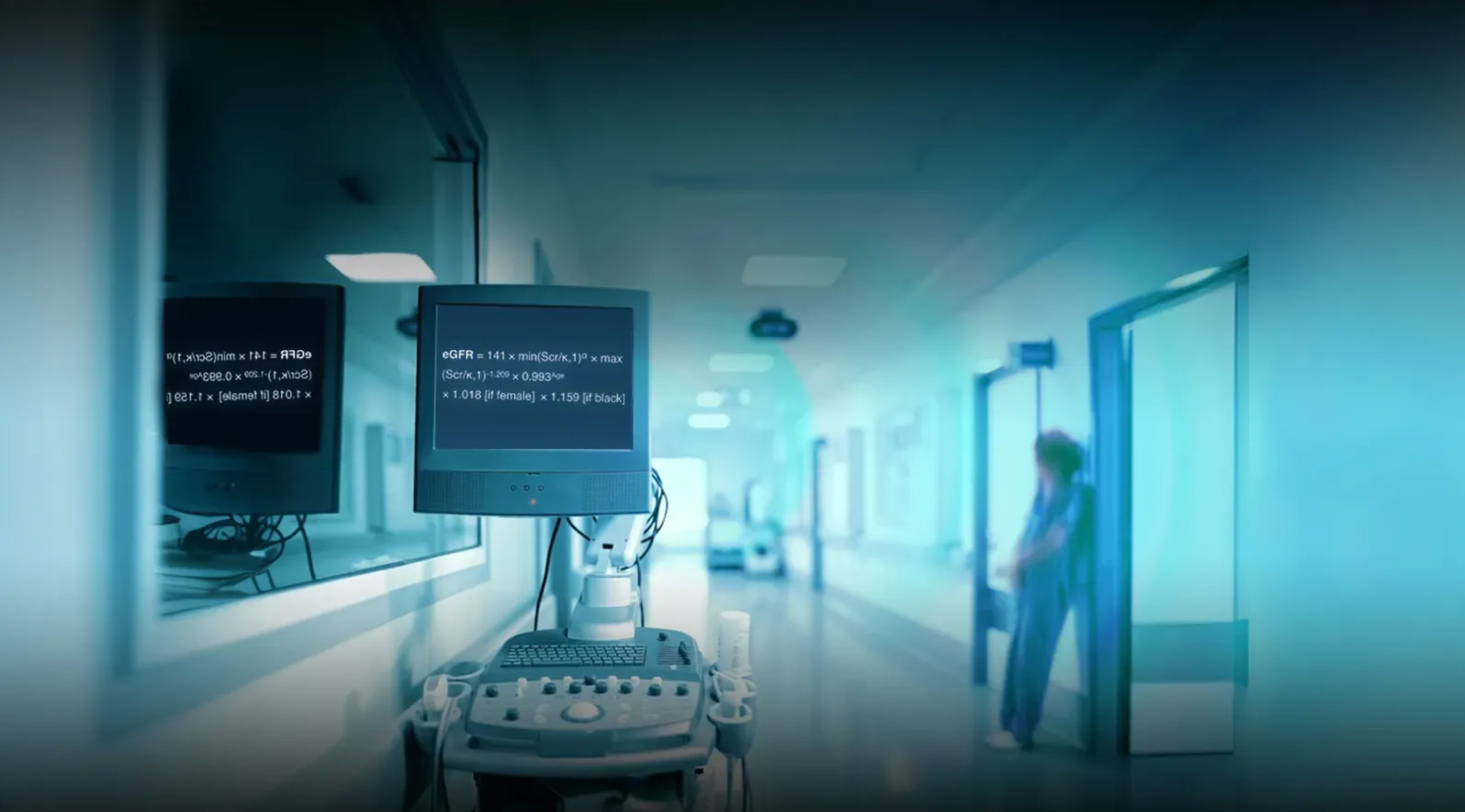 Conceptual digital artwork of a hospital hallway with screens displaying code or medical data, evoking themes of AI or automation.
