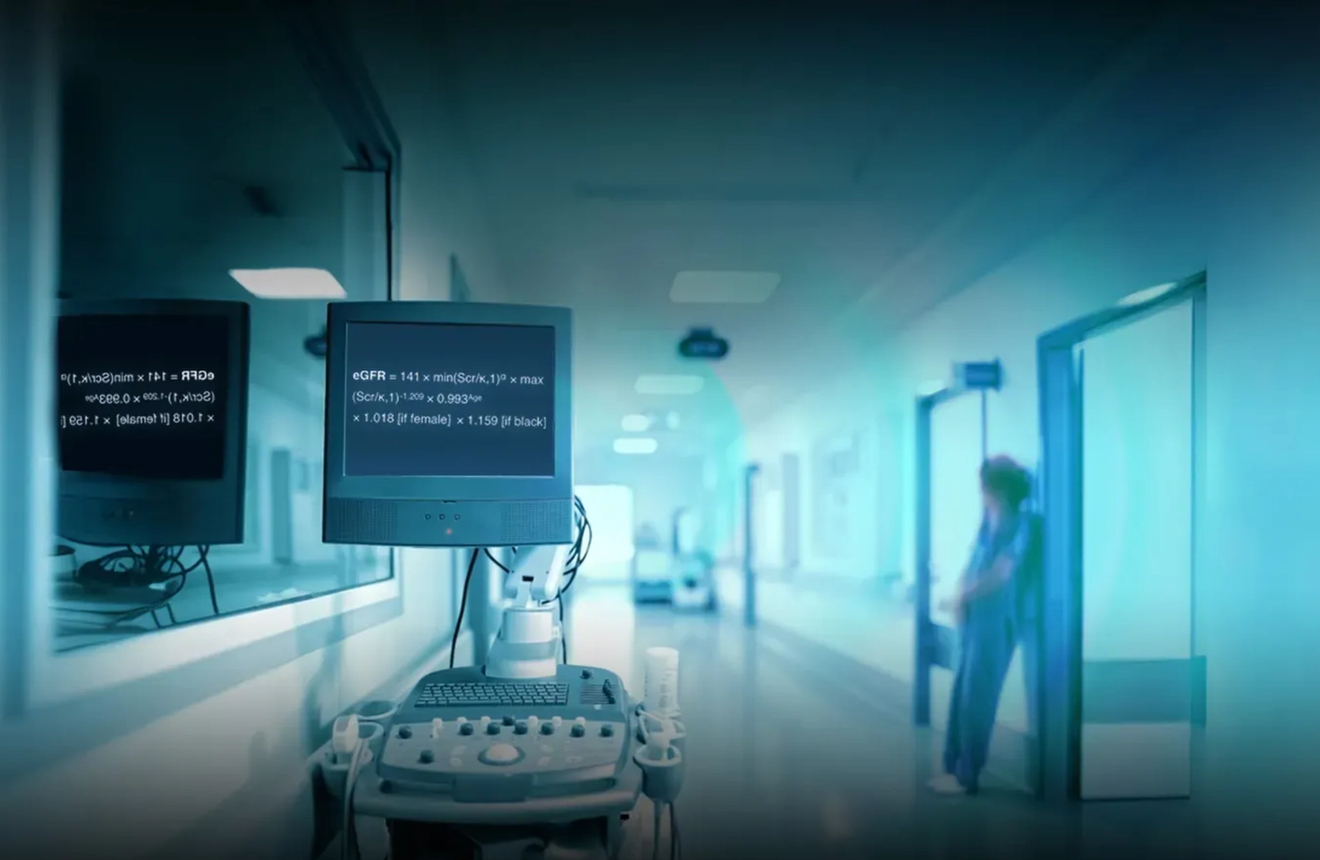 Conceptual digital artwork of a hospital hallway with screens displaying code or medical data, evoking themes of AI or automation.