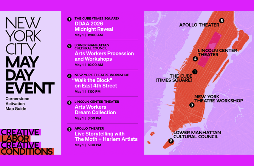 Map guide for a New York City May Day event showing five numbered activation sites across Manhattan, with event names and times listed beside the city map.