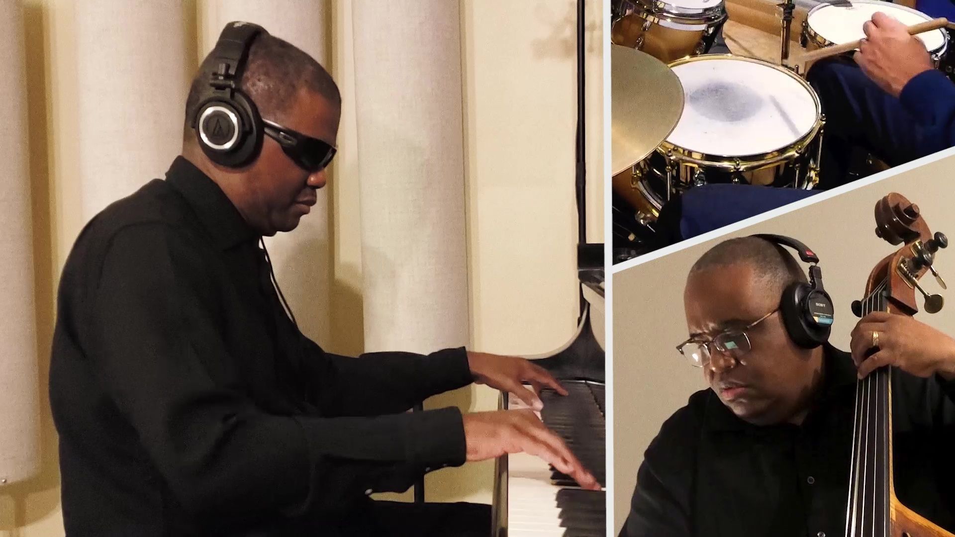 Jazz musician Marcus Roberts playing piano with headphones on, alongside smaller frames showing fellow musicians recording remotely.