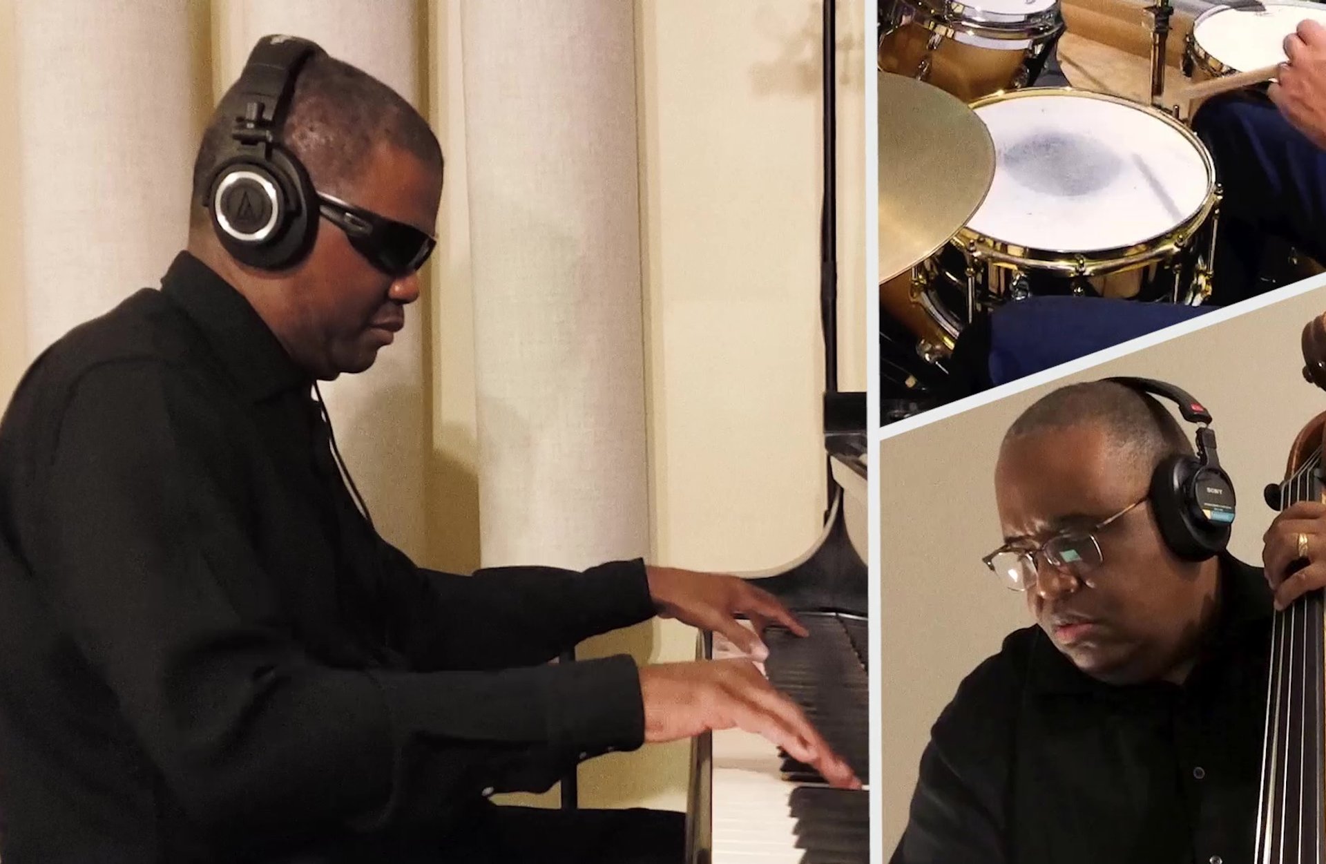 Jazz musician Marcus Roberts playing piano with headphones on, alongside smaller frames showing fellow musicians recording remotely.