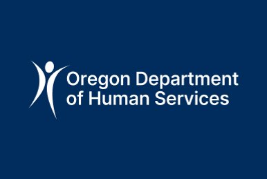 Logo for the Oregon Department of Human Services, with a white human figure icon on a navy blue background.