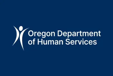 Logo for the Oregon Department of Human Services, with a white human figure icon on a navy blue background.
