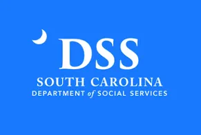 Logo for the South Carolina Department of Social Services, with white text on a bright blue background.