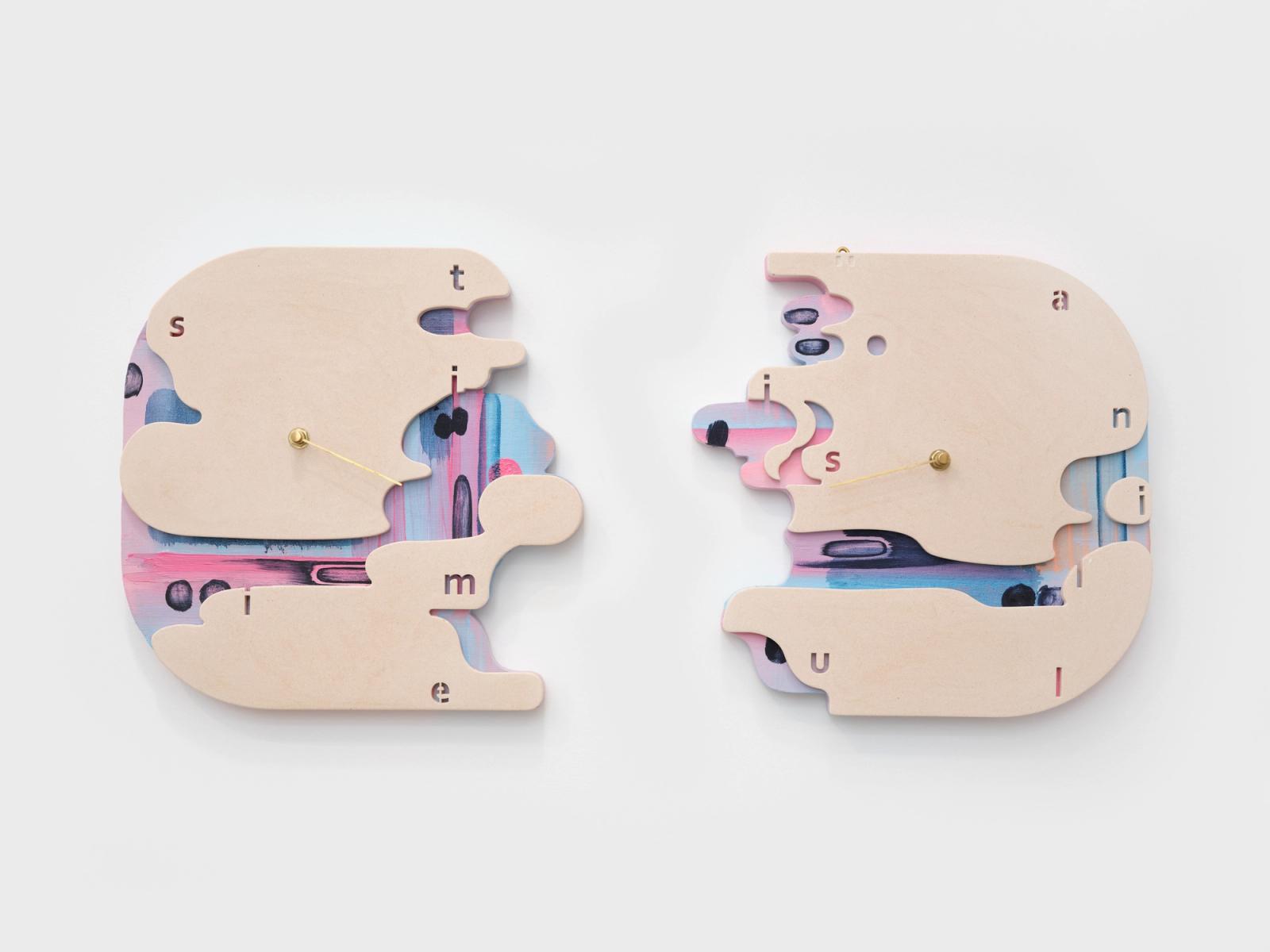 Jiyoung Yoo, time is, 2024. Oil on canvas mounted on birch plywood, Jesmonite, red desert sand, clock mechanism with brass minute hand, 11.8 × 11.8 × 1.5 in.
an illusion, 2024. Oil on canvas mounted on birch plywood, Jesmonite, red desert sand, brass rod, 