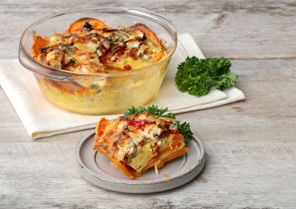 Søtpotetform med feta & soltørka tomat