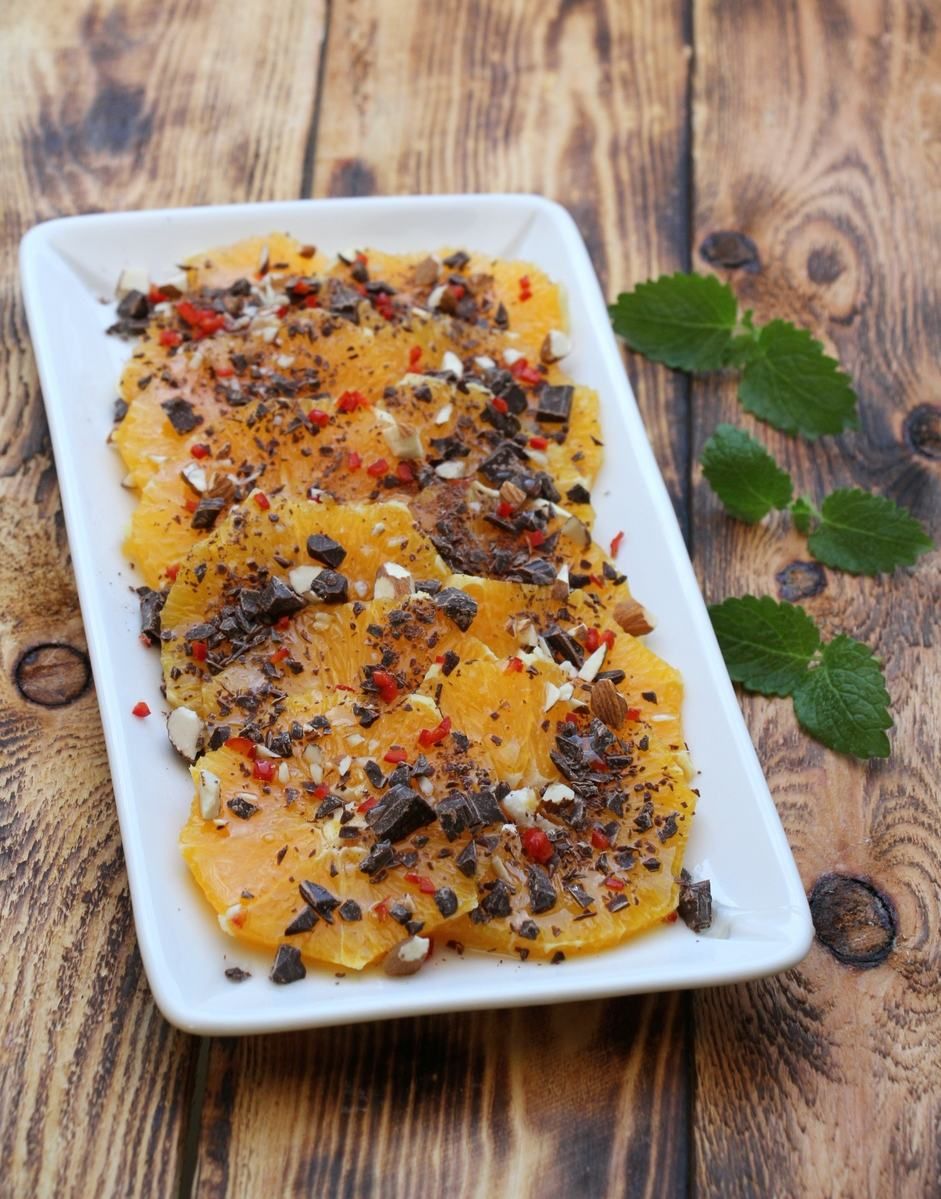 Appelsindessert med mørk sjokolade og chili