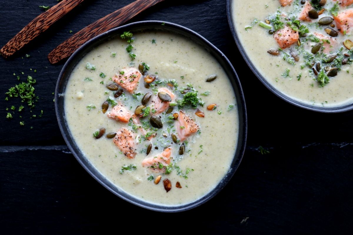 Blomkål- og brokkolisuppe med laks