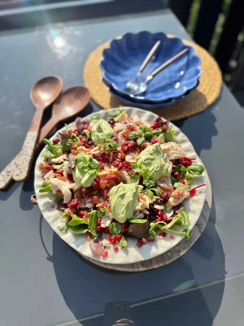 Snadder kyllingsalat - med bacon, granateple, tørka tranebær & krema avokadodressing