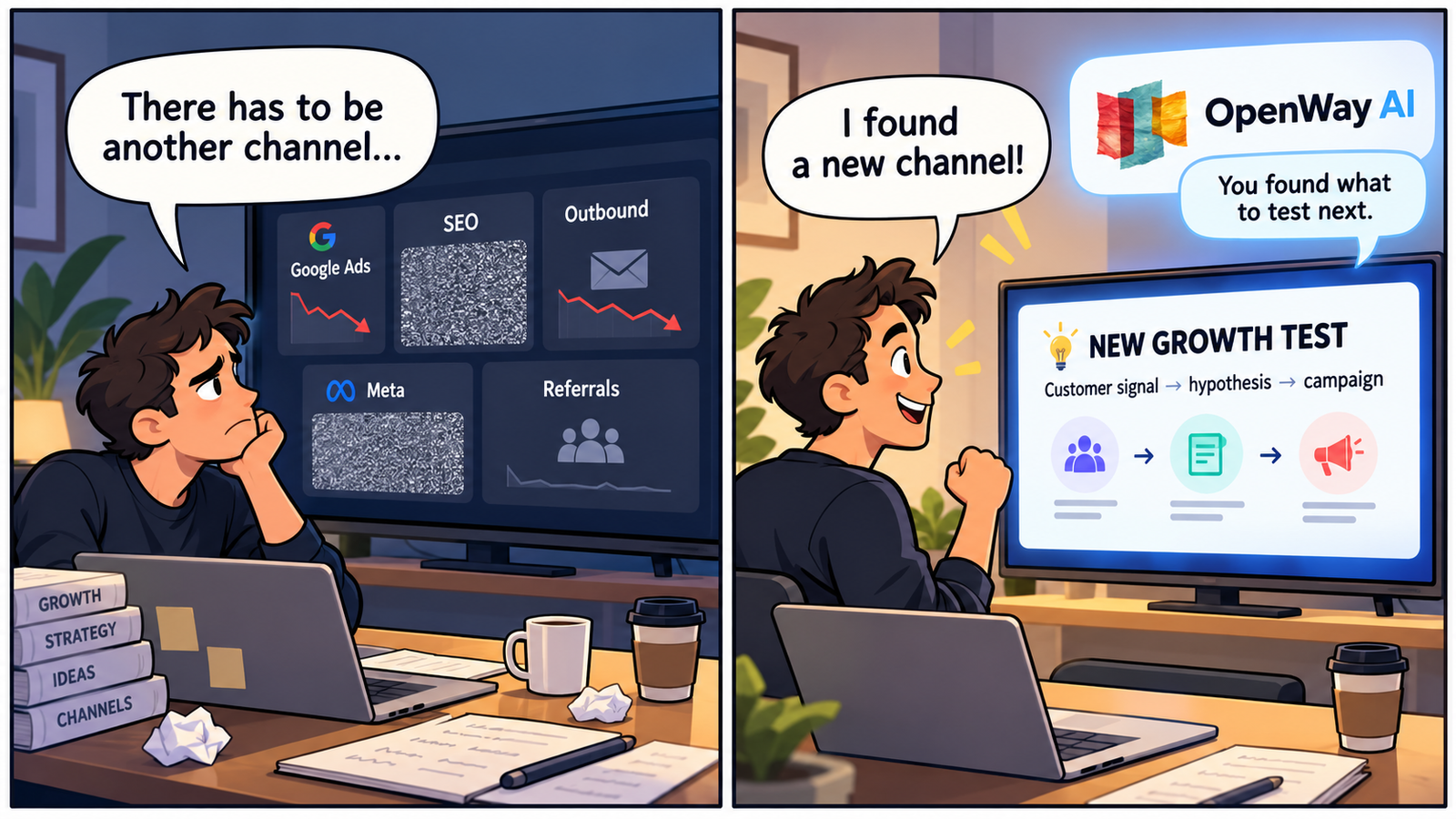 Comic showing an entrepreneur comparing growth channels like Google Ads, SEO, outbound, Meta, and referrals before OpenWay AI helps turn customer signals into a new growth test.
