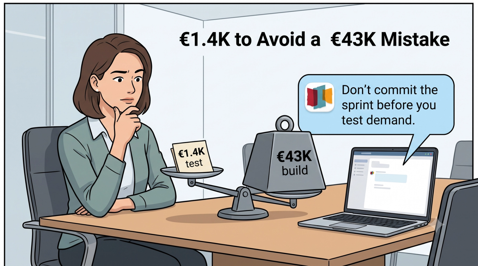 A simple graphic reading "€1.4K → Stopped a €26K–43K Mistake," contrasting the cost of the test with the cost of building the wrong feature.