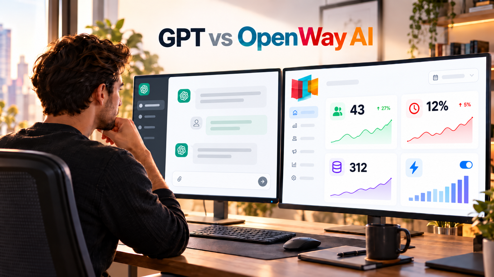 Four-panel comic showing OpenWay AI helping a business owner spot a hidden sales problem, avoid unnecessary ad spend, and act on insights from company data.