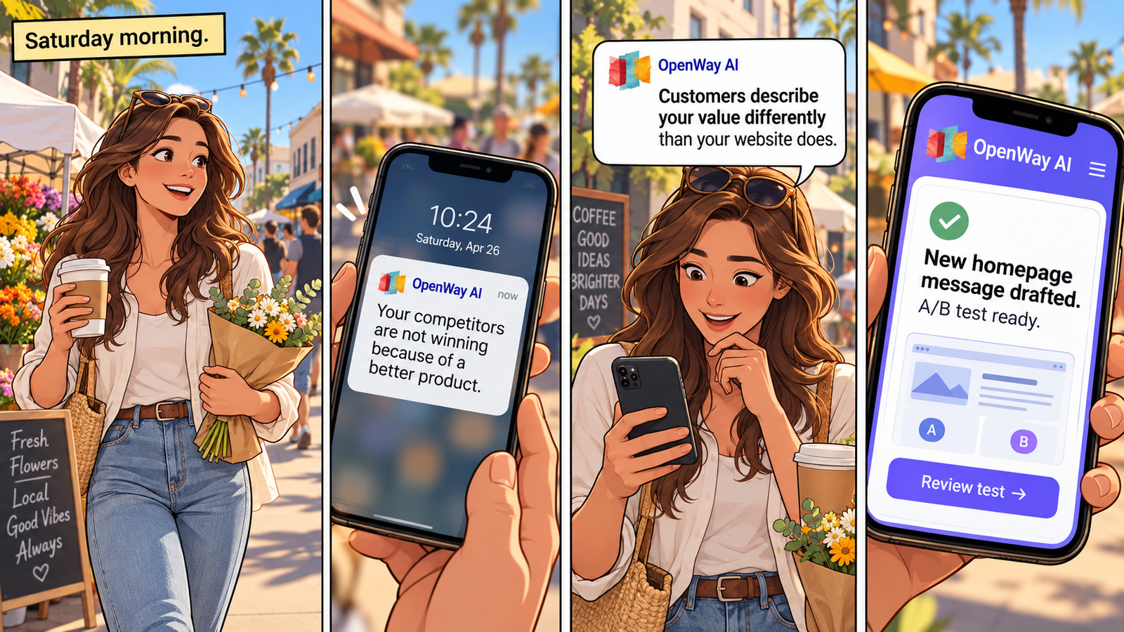 Four-panel comic of a woman walking through a sunny outdoor market while OpenWay AI alerts her to a growth insight, identifies a mismatch between customer language and website messaging, and prepares a new homepage message with an A/B test.