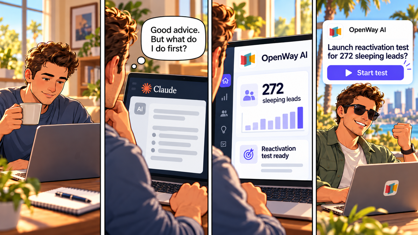 Comic comparing Claude and OpenWay AI: a founder reviews Claude’s advice, then OpenWay AI identifies 272 sleeping leads and prepares a reactivation test for approval.