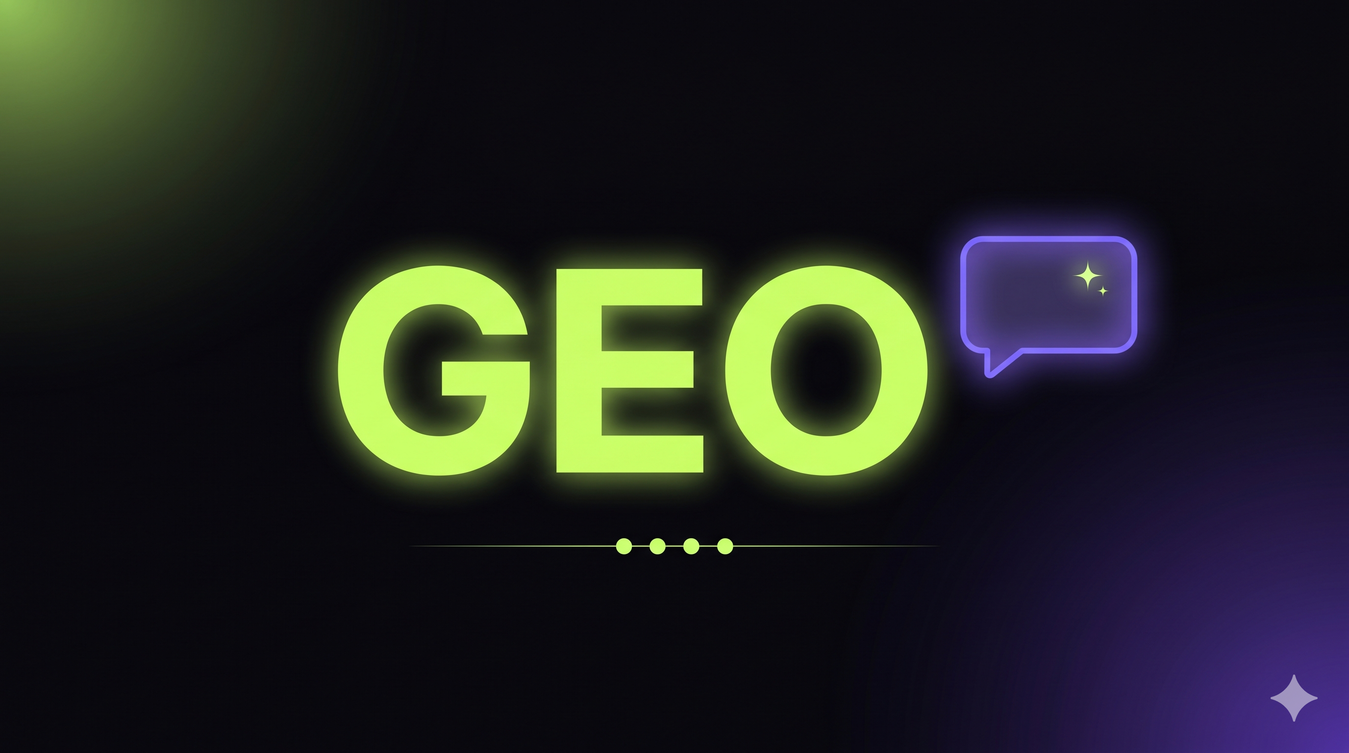 Illustration GEO : le sigle GEO en typographie verte lime néon, accompagné d'une bulle de réponse IA violette 