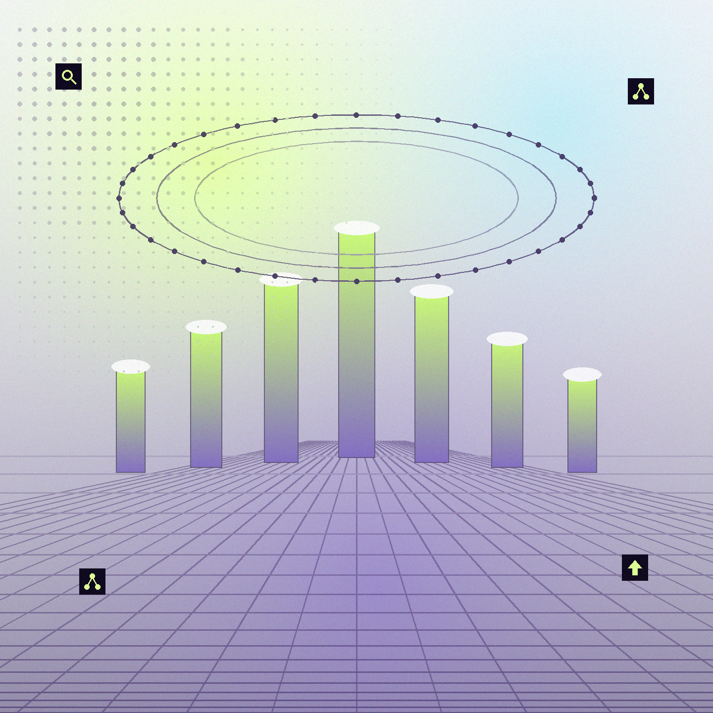 Illustration SEO : le sigle SEO en typographie verte lime néon, accompagné d'une loupe stylisée en violet sur fond noir.
