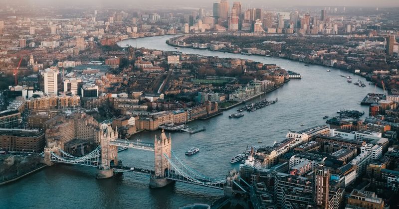  Mumbai to London flights 2026 — London aerial cityscape return fares from ₹84,000 in June via Air India nonstop
