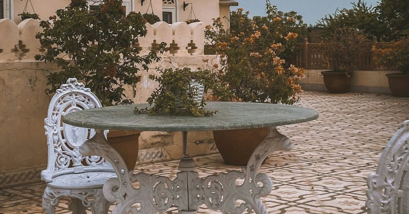 Peaceful courtyard inside Indian heritage hotel.
