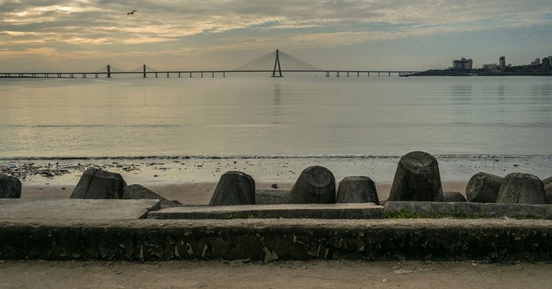Bandra-Worli Sea Link at golden hour — the 5.6-kilometre cable-stayed bridge crosses Mahim Bay and connects Bandra to Worli; ₹70 toll one way; not walkable — requires a vehicle; best photographed from the midpoint or from the Worli Sea Face promenade below
