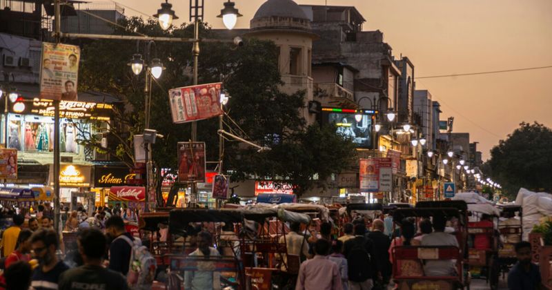 Busy street market in Chandni Chowk Old Delhi, essence of Golden Triangle travel