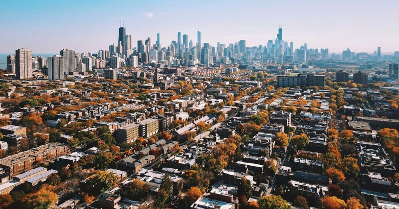 Chicago Illinois aerial skyline — cheapest India to USA flights October November 2026 Air India DEL ORD nonstop.