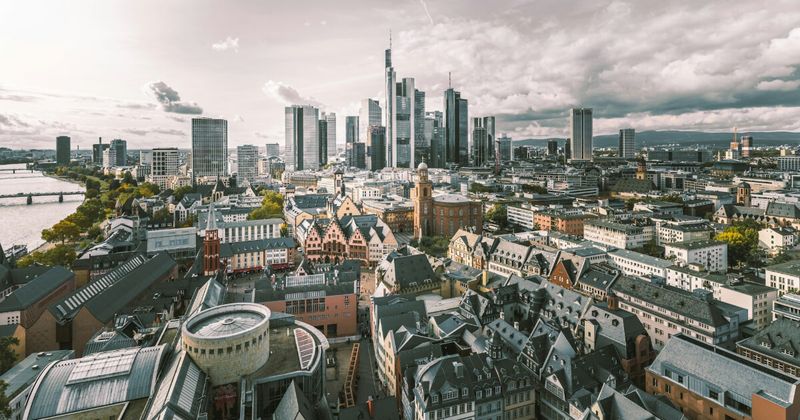 Frankfurt Germany skyline River Main aerial — Air India Lufthansa nonstop India to Frankfurt FRA cheapest month October 2026.