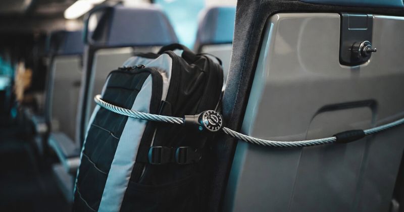 Backpack secured with cable lock on Indian train