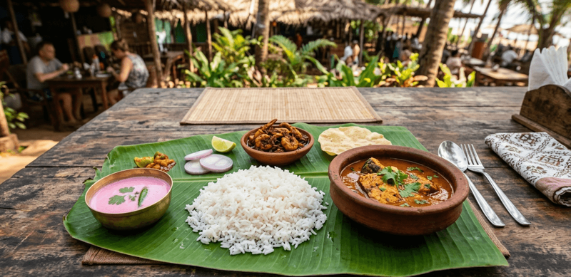 Traditional Goan fish curry and rice served on a banana leaf — authentic Goa food beyond the beach tourist trail