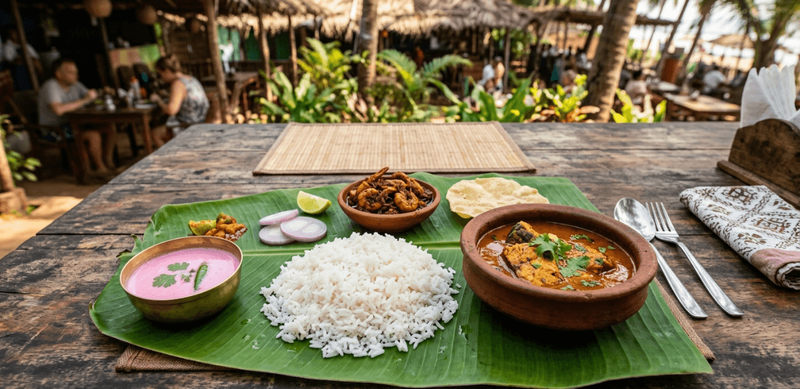 Traditional Goan fish curry and rice served on a banana leaf — authentic Goa food beyond the beach tourist trail