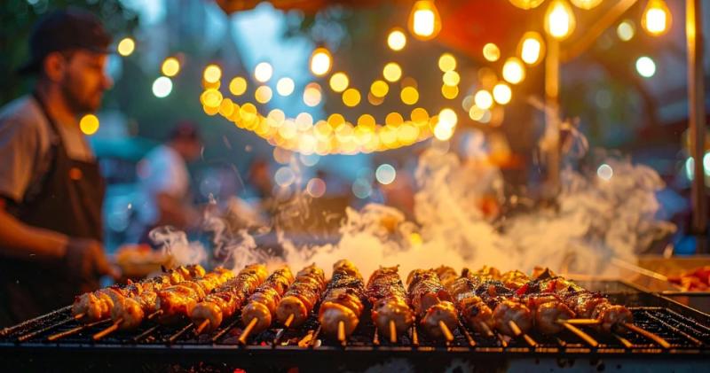 Grilling kebabs at Mohammed Ali Road night market Mumbai.