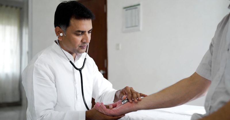 An Ayurvedic doctor in a clinical setting performing Nadi Pariksha, a traditional pulse diagnosis, on a patient’s wrist to determine their Dosha imbalance before starting a Panchakarma treatment in Kerala.