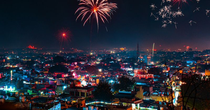 Diwali in India — the Festival of Lights illuminates every house, market, and temple with clay diyas and electric lights; Jaipur's Johari Bazaar lights competition during Diwali makes the jewellery market one of the most photographed urban nightscapes in India; Diwali 2026 is October 20