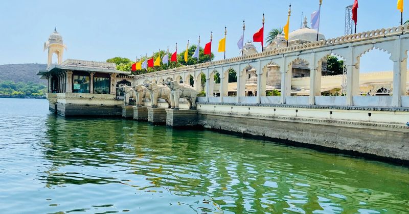 Jag Mandir Island Palace on Lake Pichola — the marble island palace sheltered Prince Khurram (later Emperor Shah Jahan) during his 1623 rebellion against his father; architectural historians identify Jag Mandir as a direct inspiration for the Taj Mahal; boat entry ₹600/person before 3pm
