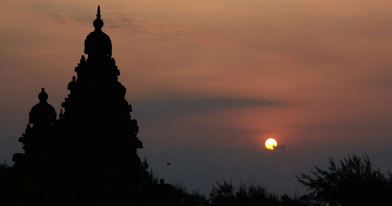 Shore Temple, Mahabalipuram at sunrise — 8th-century Pallava granite; foreigners ₹600; arrive 6:30am before day-trippers.