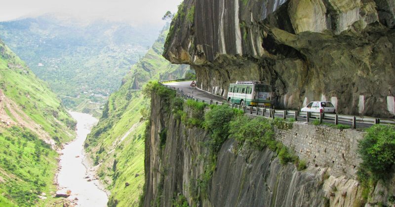 Kinnaur road above the Sutlej River — the route to Spiti from Shimla follows NH5, the Hindustan-Tibet Highway; Kinnaur ILP for foreigners at Reckong Peo DC office.