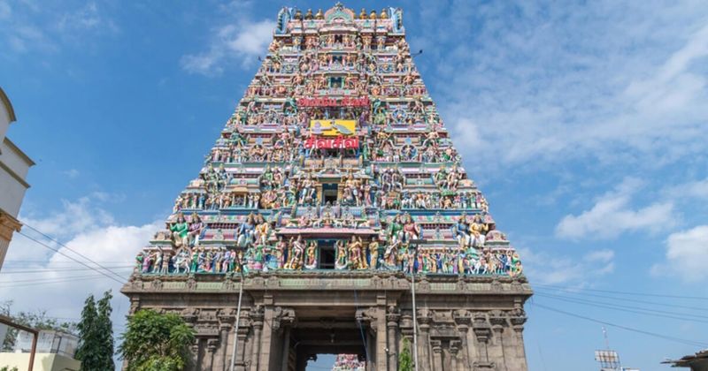 Kapaleeshwarar Temple gopuram, Mylapore Chennai — 7th-century Dravidian temple in daily use; free entry; peacocks live in the temple courtyard.