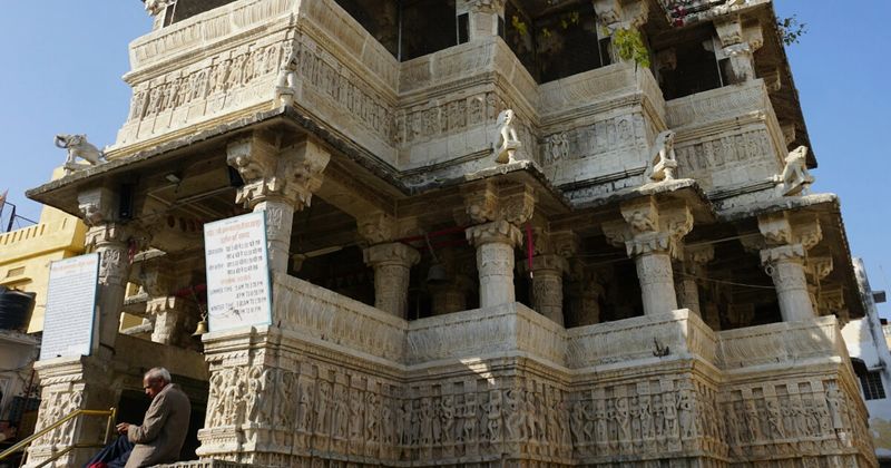 Jagdish Temple in Udaipur — the 17th-century Indo-Aryan temple built by Maharana Jagat Singh I in 1651 with its 79-foot carved shikhara; free entry, morning aarti at 8:30am is the most atmospheric time to visit; the temple represents Mewar's cultural resistance to three centuries of Mughal pressure
