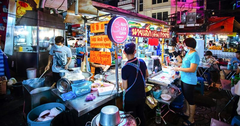 Bangkok street food night market — accessible on Thai Lion Air Mumbai to Bangkok nonstop flights from ₹7,896 one-way in 2026