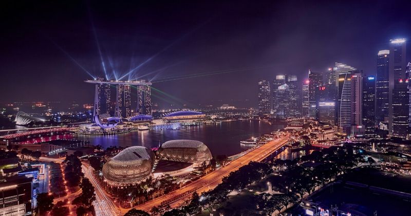 Delhi to Singapore flights 2026 — Marina Bay Sands Singapore aerial night view for Indian travellers booking July