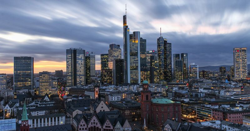 Frankfurt city skyline — Frankfurt Airport FRA to India nonstop flights 2026 Air India Lufthansa.