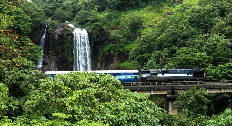 Konkan Railway train rounding a jungle curve near the Western Ghats — the Mumbai to Goa train route passes through 92 tunnels and more than 2,000 bridges