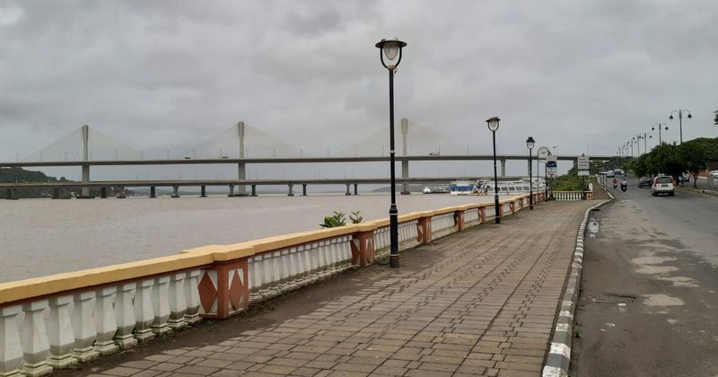 Mandovi River waterfront at Panjim, Goa's capital city — reachable by Konkan Railway (Karmali station, 18km) or by road, with local taxi connections from all four transport modes