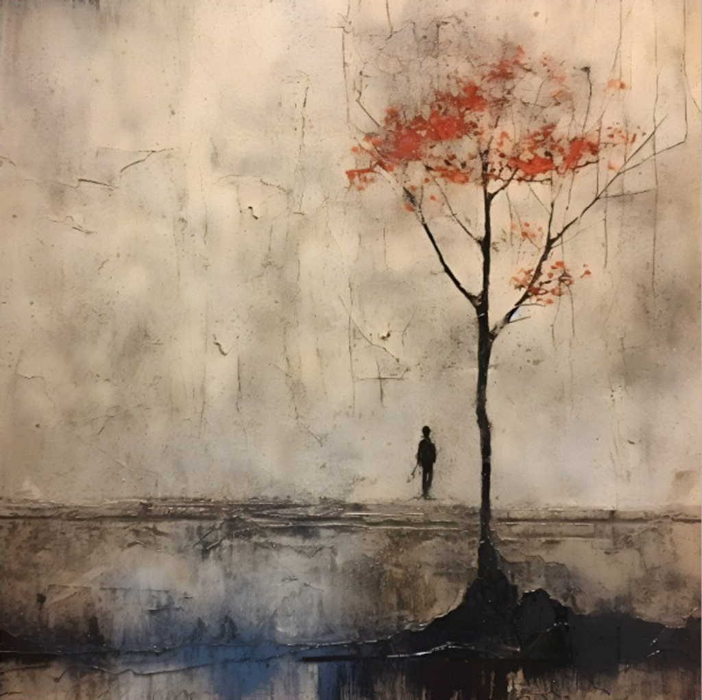 Minimalist painting with red-leaved tree and solitary figure.