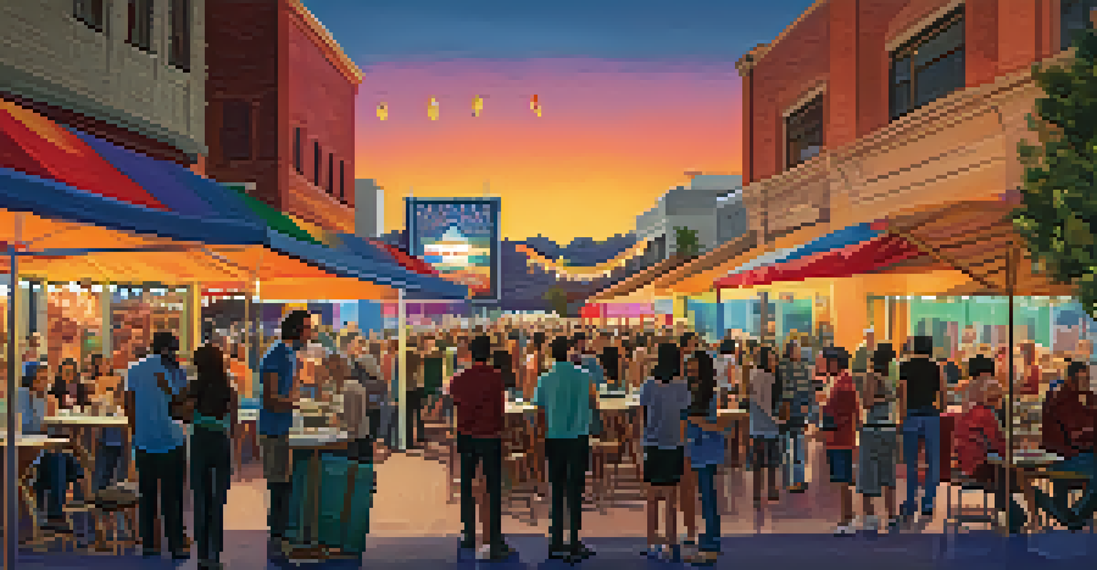 Crowd at an Arizona film festival with colorful banners and food trucks.