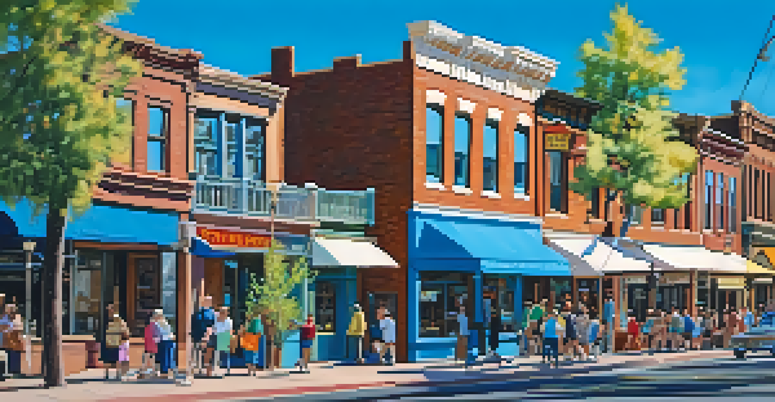 A charming street in Flagstaff, Arizona, with restored historic buildings and colorful flower baskets under a blue sky.